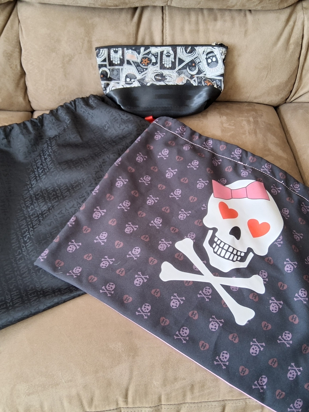 Two Harveys Seatbelt Bags Dust Bags and a Handmade Pouch
